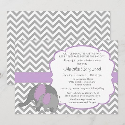 Elephant Baby shower Invitation, Chevron, paarse Kaart (Voorkant / Achterkant)