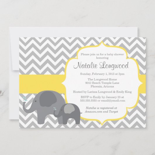 Elephant Baby shower Invitation, chevron yellow Kaart (Voorkant)