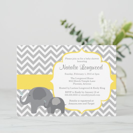 Elephant Baby shower Invitation, chevron yellow Kaart (Staand voorkant)