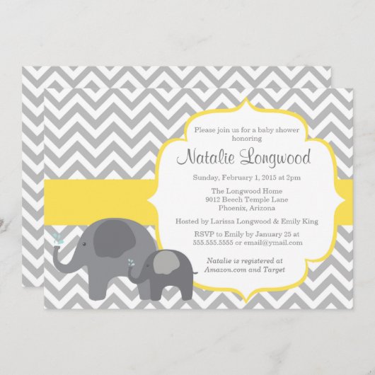 Elephant Baby shower Invitation, chevron yellow Kaart (Voorkant / Achterkant)