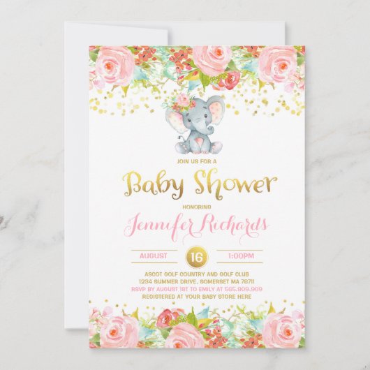 Elephant Baby shower Invitation Floral Boho Douche Kaart (Voorkant)