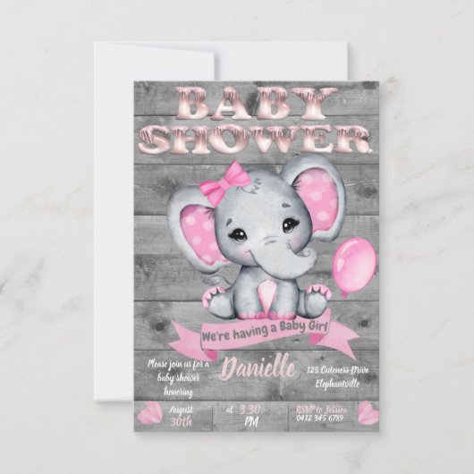 Elephant Baby shower Invitation for Girls Editable Kaart (Voorkant)