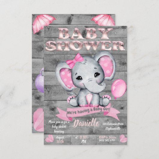 Elephant Baby shower Invitation for Girls Editable Kaart (Voorkant / Achterkant)