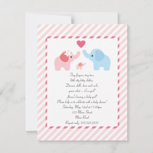 Elephant Baby shower Invitation for Girls Kaart (Voorkant)