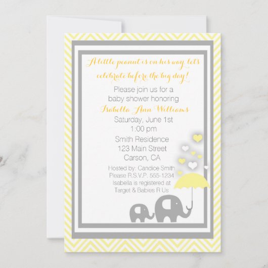 Elephant Baby shower Invitation - Geel en Grijs Kaart (Voorkant)