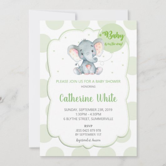 Elephant Baby shower Invitation Gender Neutral Kaart (Voorkant)