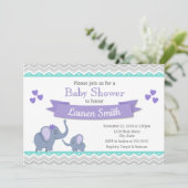 Elephant Baby shower Invitation Girl Paars Blauwgr Kaart (Staand voorkant)