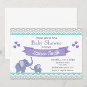 Elephant Baby shower Invitation Girl Paars Blauwgr Kaart (Voorkant / Achterkant)