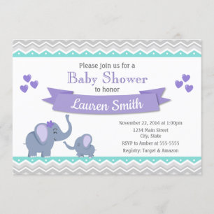 Elephant Baby shower Invitation Girl Paars Blauwgr Kaart