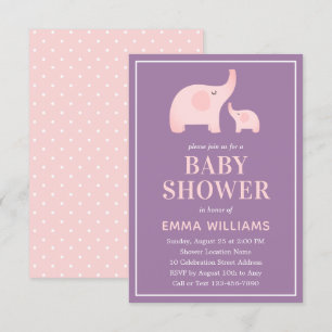 Elephant Baby shower Invitation Girl - Paarse roze Kaart