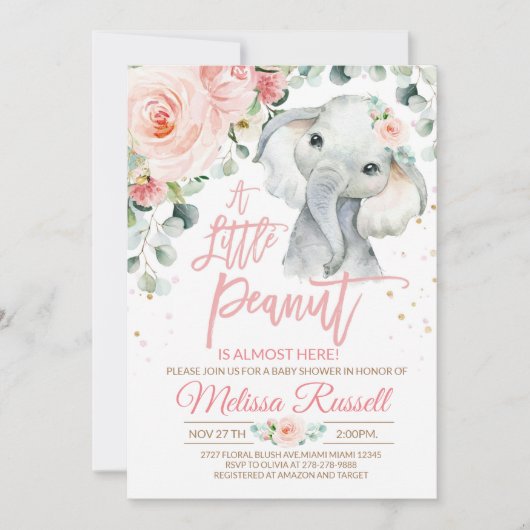 Elephant Baby shower Invitation Girl, Safari Pink Kaart (Voorkant)