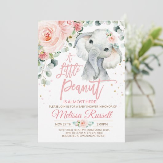 Elephant Baby shower Invitation Girl, Safari Pink Kaart (Staand voorkant)