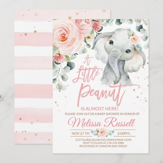 Elephant Baby shower Invitation Girl, Safari Pink Kaart (Voorkant / Achterkant)