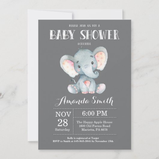 Elephant Baby shower Invitation Grey Kaart (Voorkant)