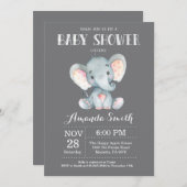 Elephant Baby shower Invitation Grey Kaart (Voorkant / Achterkant)