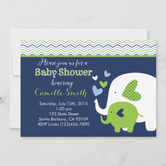 Elephant Baby shower Invitation in Navy and Green Kaart (Voorkant)