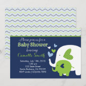 Elephant Baby shower Invitation in Navy and Green Kaart (Voorkant / Achterkant)