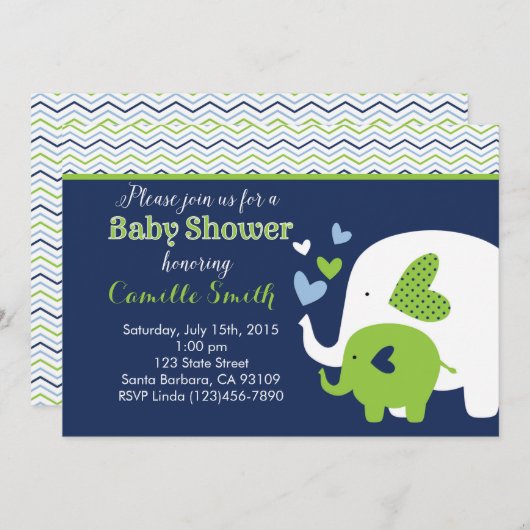 Elephant Baby shower Invitation in Navy and Green Kaart (Voorkant / Achterkant)