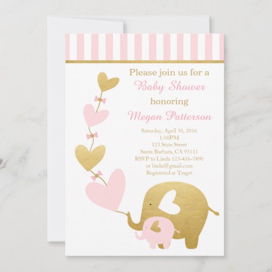 Elephant Baby shower Invitation in Pink and Gold Kaart (Voorkant)
