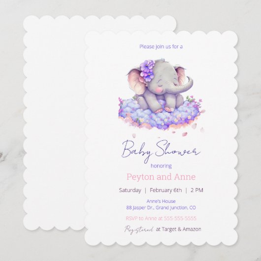 Elephant Baby shower Invitation Kaart (Voorkant / Achterkant)
