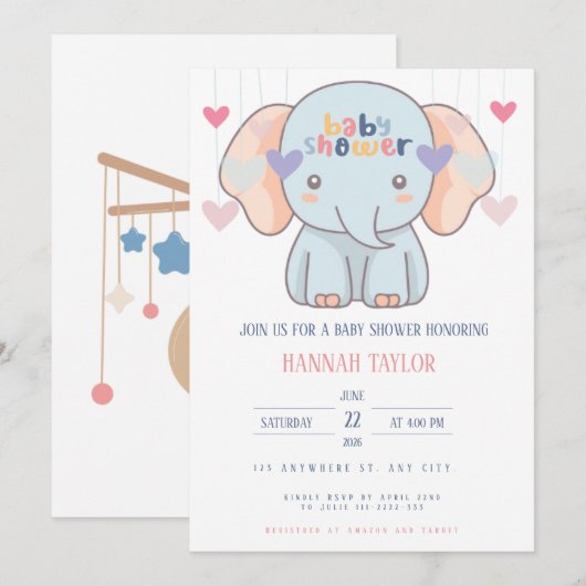 Elephant Baby Shower Invitation Kaart (Voorkant / Achterkant)