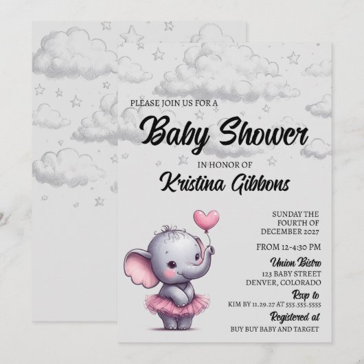 Elephant Baby shower Invitation Kaart (Voorkant / Achterkant)