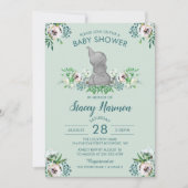 Elephant Baby shower Invitation Mint Green Floral Kaart (Voorkant)