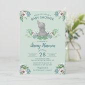 Elephant Baby shower Invitation Mint Green Floral Kaart (Staand voorkant)