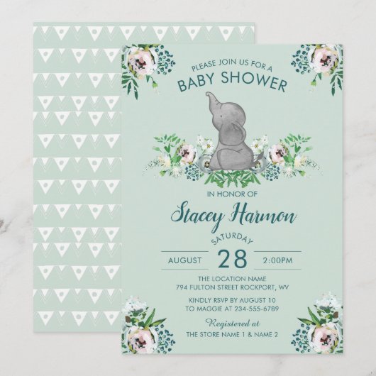 Elephant Baby shower Invitation Mint Green Floral Kaart (Voorkant / Achterkant)