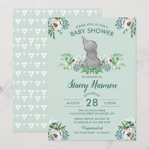 Elephant Baby shower Invitation Mint Green Floral Kaart