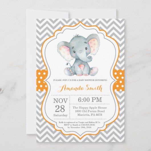 Elephant Baby shower Invitation Oranje and Grey Kaart (Voorkant)