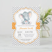Elephant Baby shower Invitation Oranje and Grey Kaart (Staand voorkant)