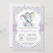 Elephant Baby shower Invitation Paars and Grey Kaart (Voorkant)