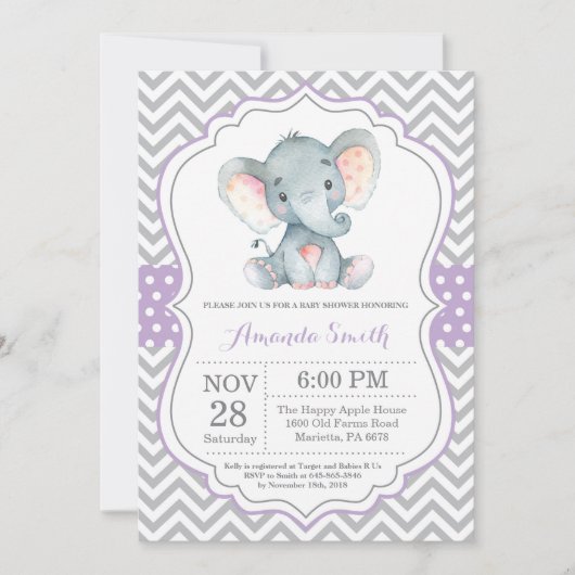 Elephant Baby shower Invitation Paars and Grey Kaart (Voorkant)