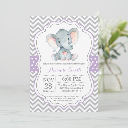 Elephant Baby shower Invitation Paars and Grey Kaart (Staand voorkant)