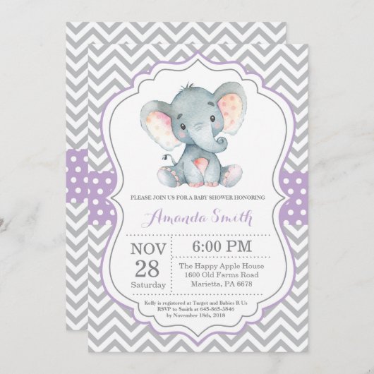 Elephant Baby shower Invitation Paars and Grey Kaart (Voorkant / Achterkant)