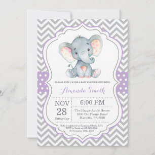Elephant Baby shower Invitation Paars and Grey Kaart