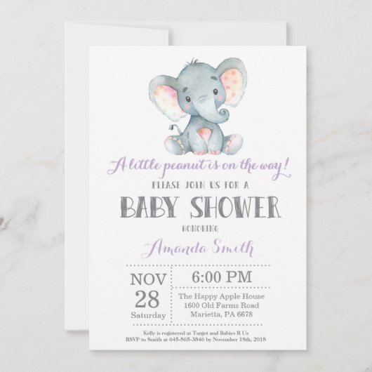 Elephant Baby shower Invitation Paars and Grey Kaart (Voorkant)