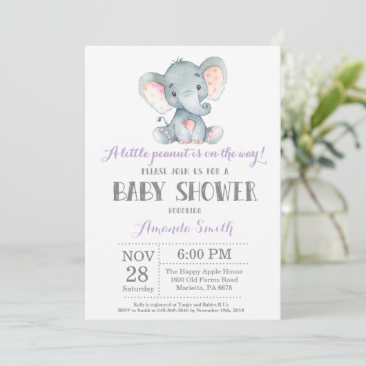 Elephant Baby shower Invitation Paars and Grey Kaart (Staand voorkant)