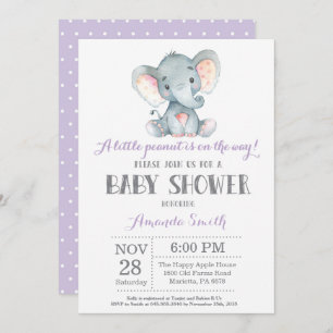 Elephant Baby shower Invitation Paars and Grey Kaart