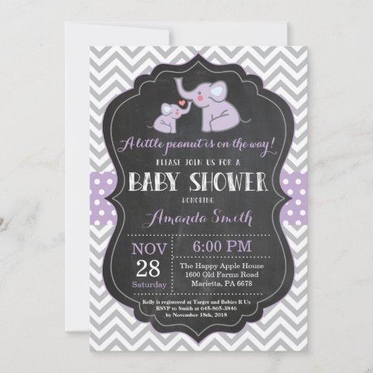 Elephant Baby shower Invitation Paars and Grey Kaart (Voorkant)