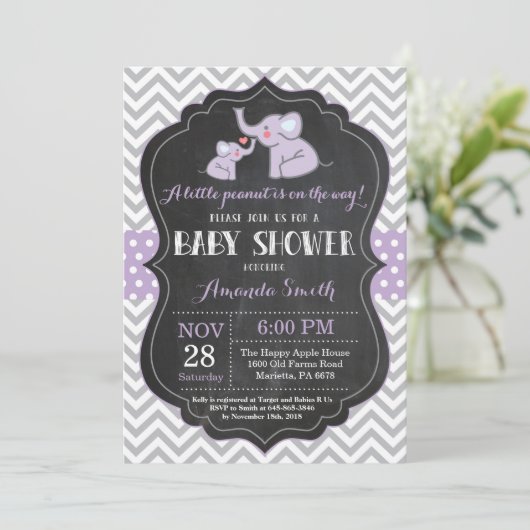 Elephant Baby shower Invitation Paars and Grey Kaart (Staand voorkant)