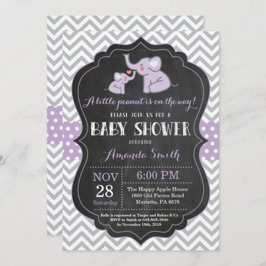 Elephant Baby shower Invitation Paars and Grey Kaart (Voorkant / Achterkant)