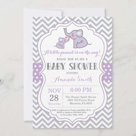 Elephant Baby shower Invitation Paars and Grey Kaart (Voorkant)