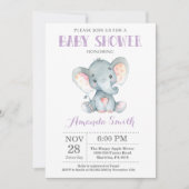 Elephant Baby shower Invitation Paars and Grey Kaart (Voorkant)