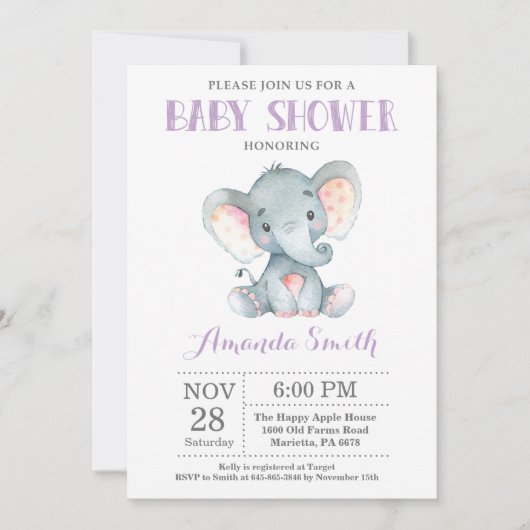 Elephant Baby shower Invitation Paars and Grey Kaart (Voorkant)