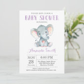 Elephant Baby shower Invitation Paars and Grey Kaart (Staand voorkant)