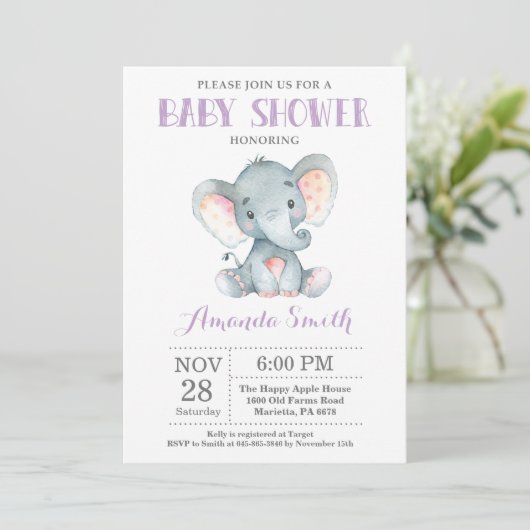 Elephant Baby shower Invitation Paars and Grey Kaart (Staand voorkant)