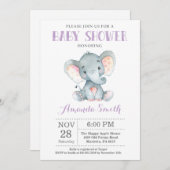 Elephant Baby shower Invitation Paars and Grey Kaart (Voorkant / Achterkant)