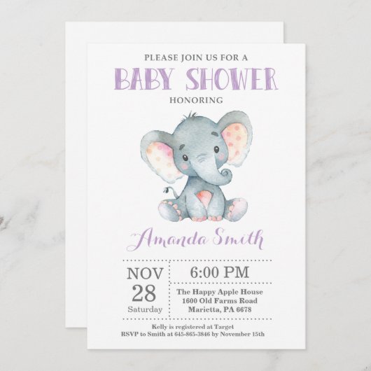 Elephant Baby shower Invitation Paars and Grey Kaart (Voorkant / Achterkant)